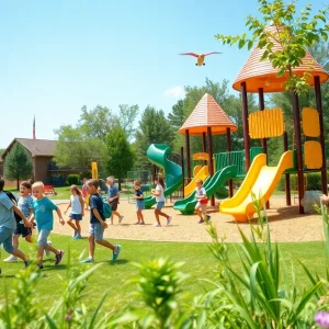 Children playing in a colorful playground in Greenville, SC