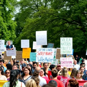 Participants holding signs and banners at the Rally for the People in Greenville.