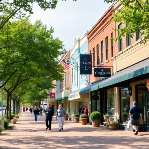 Main Street in Greenville SC featuring shops and trees