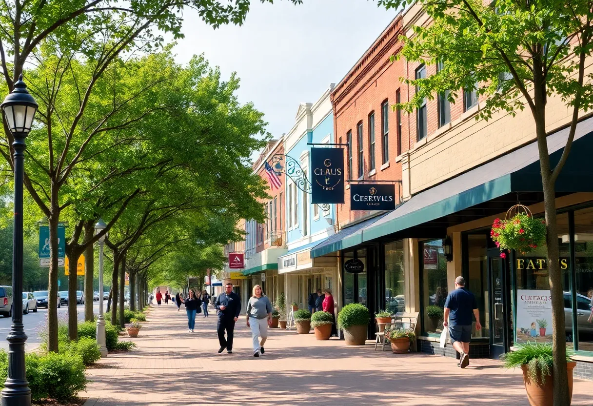 Main Street in Greenville SC featuring shops and trees