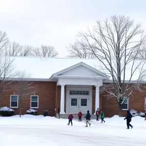 Children playing in the snow in front of a school building in Greenville