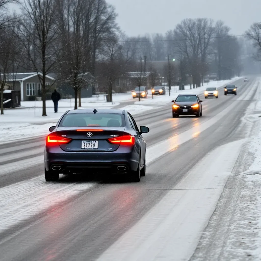 Light snowfall in Greenville, South Carolina with icy roads.