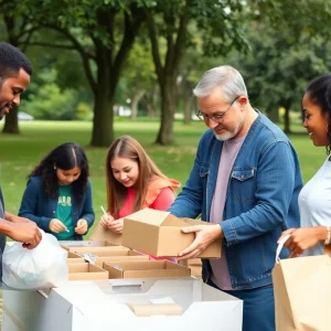 A family volunteering by packaging food for a local charity in Greenville.