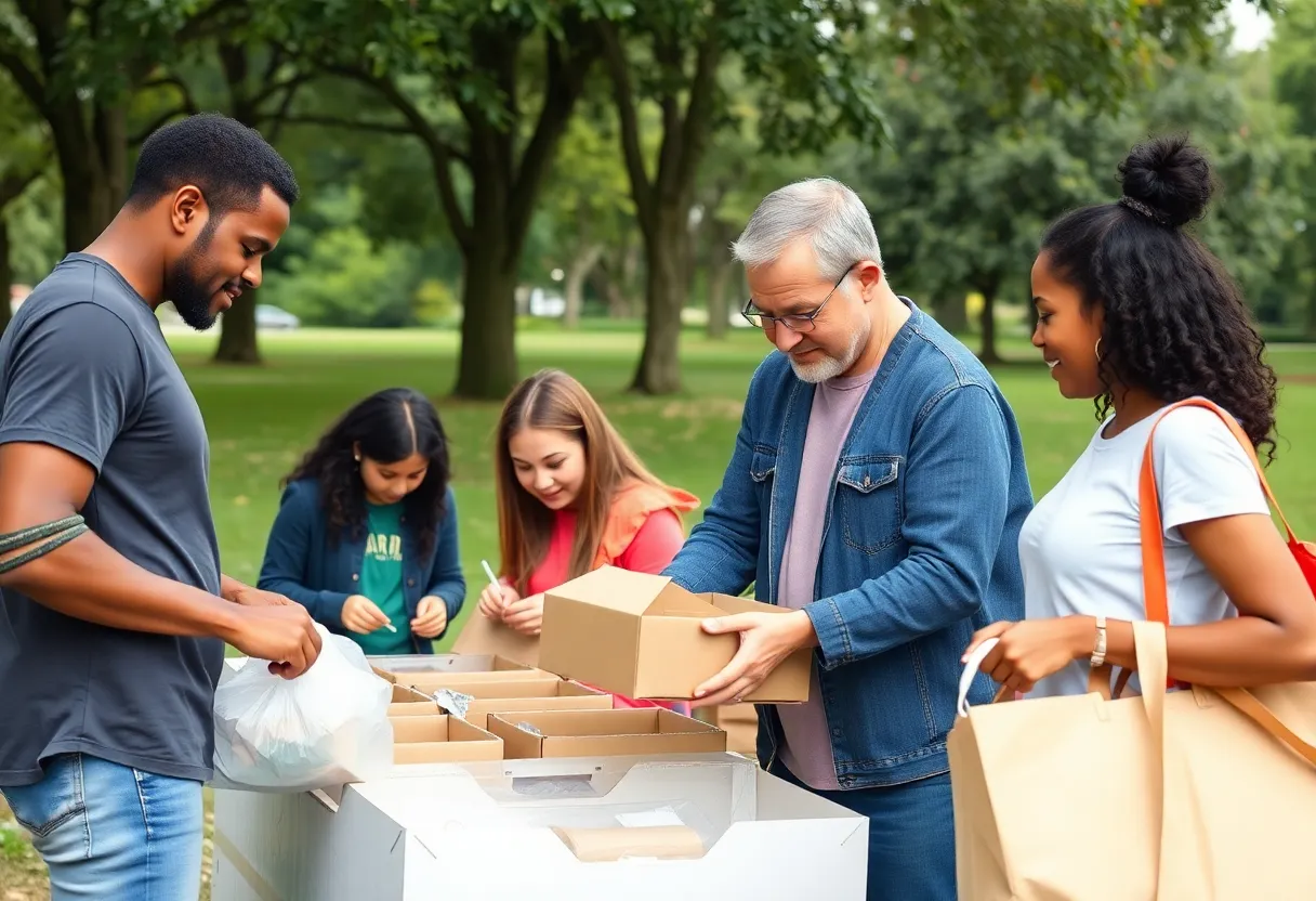 A family volunteering by packaging food for a local charity in Greenville.