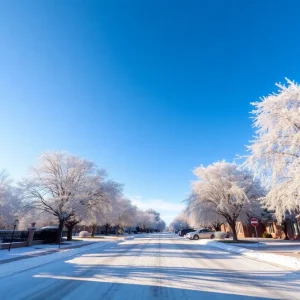 A winter landscape in Greenville with snow-covered trees and a clear sky