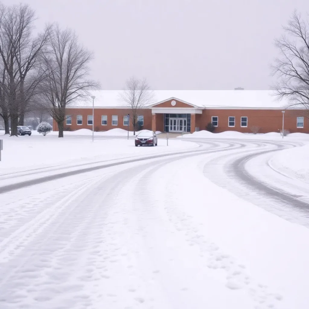 Icy roads near a school building in North Carolina