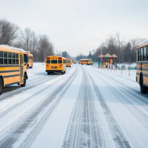 Icy roads with school buses parked alongside