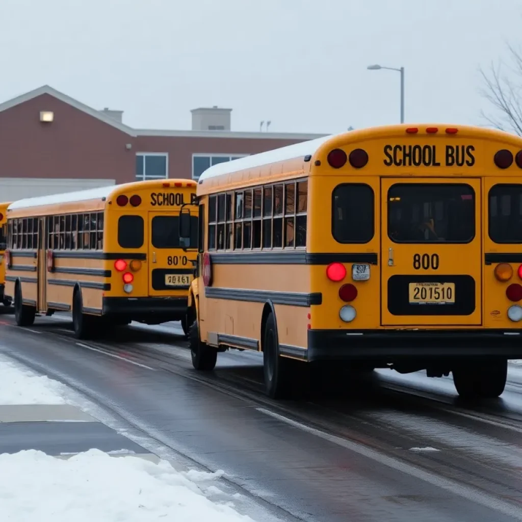 Icy roads outside a school with buses