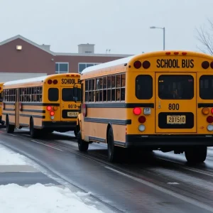 Icy roads outside a school with buses