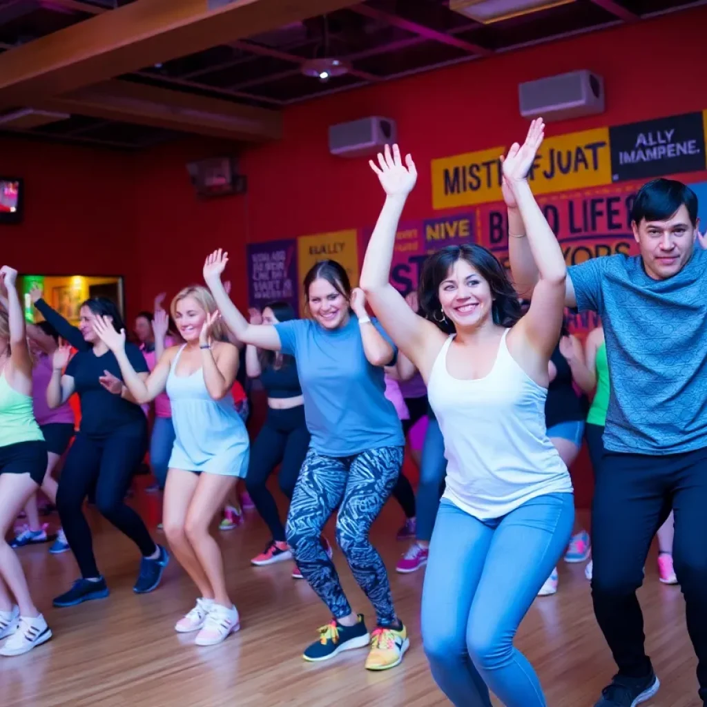 A diverse group of fitness enthusiasts enjoying a Les Mills class at a fitness event.