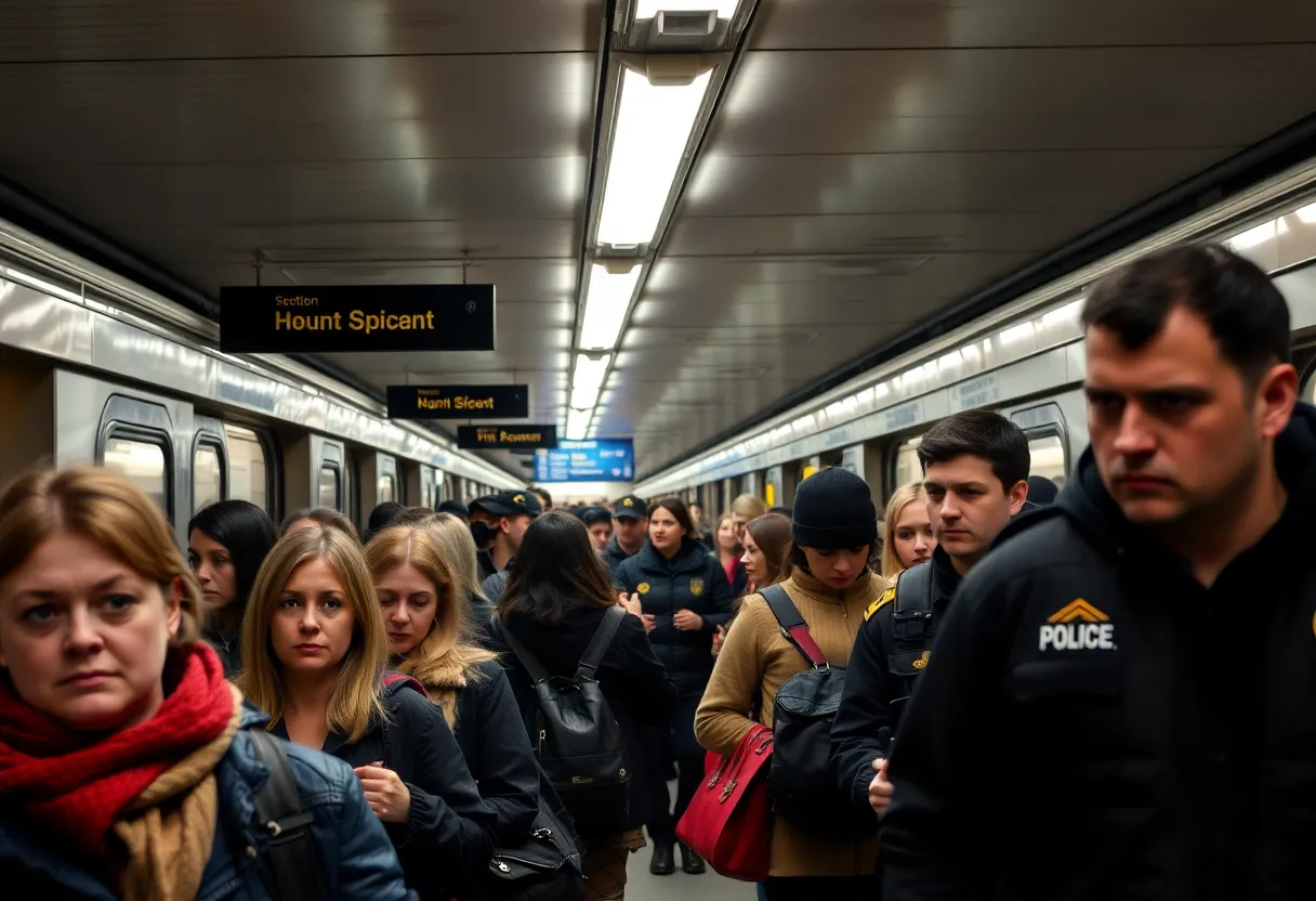 Subway station crowd with visible police presence