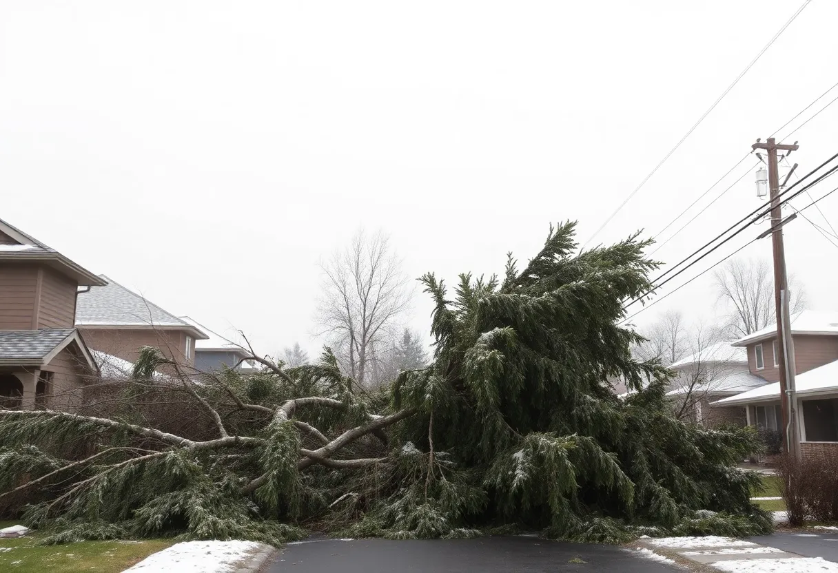 Suburban neighborhood affected by winter storm with fallen trees and power lines