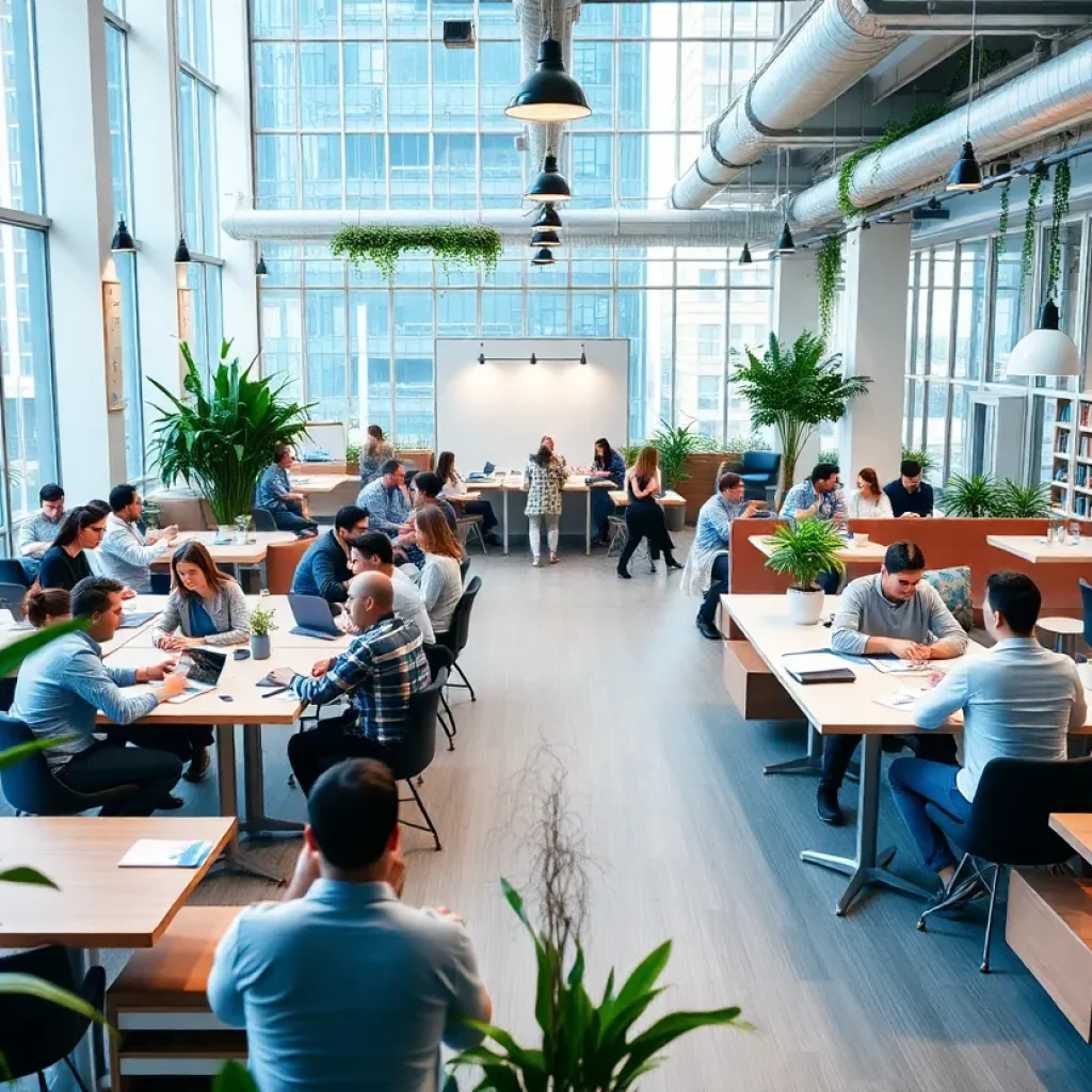 Interior view of Roam coworking space with people working together in a modern environment