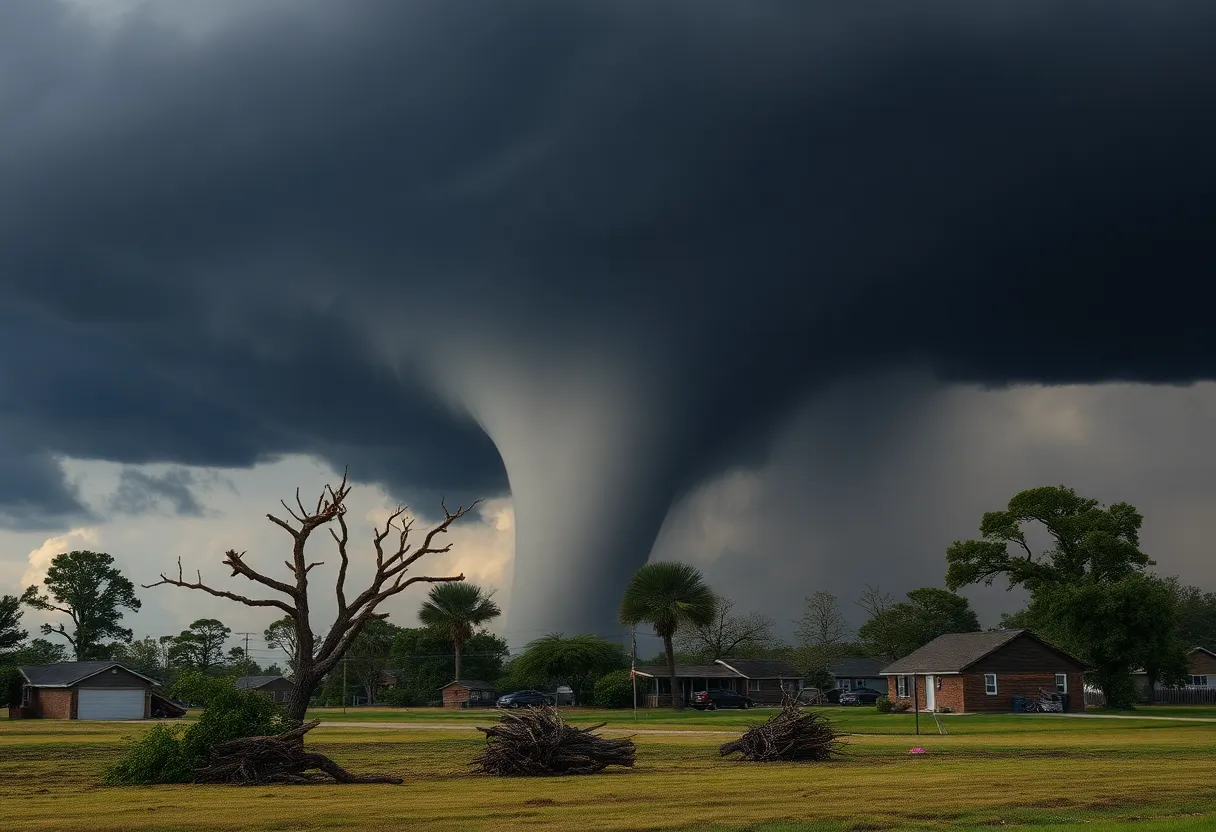 A tornado forming over a rural landscape during severe weather in Southern states.