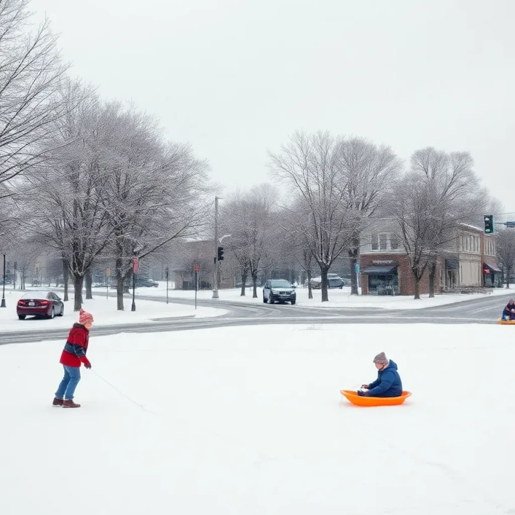 Children playing in the snow in Spartanburg, South Carolina