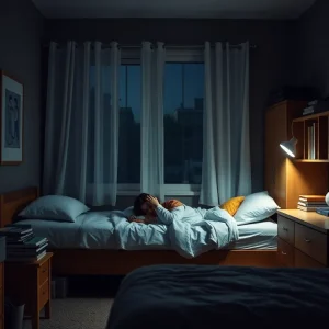 A college student preparing for bed in a cozy dorm room showcasing sleep hygiene