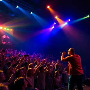 Vibrant concert scene featuring lively audience and stage lights