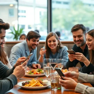 Group of friends enjoying a meal while using Tabbi app on their phones.