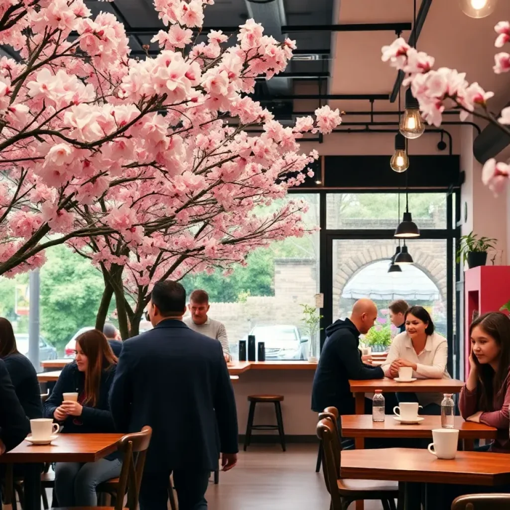 Inside of Tselia Coffee Shop in Greenville, featuring cozy seating and cherry blossom decor.