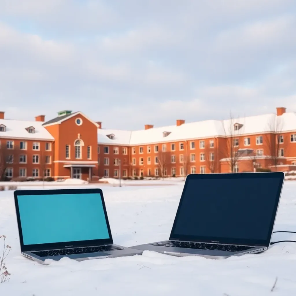 Snowy school landscape with online learning tools