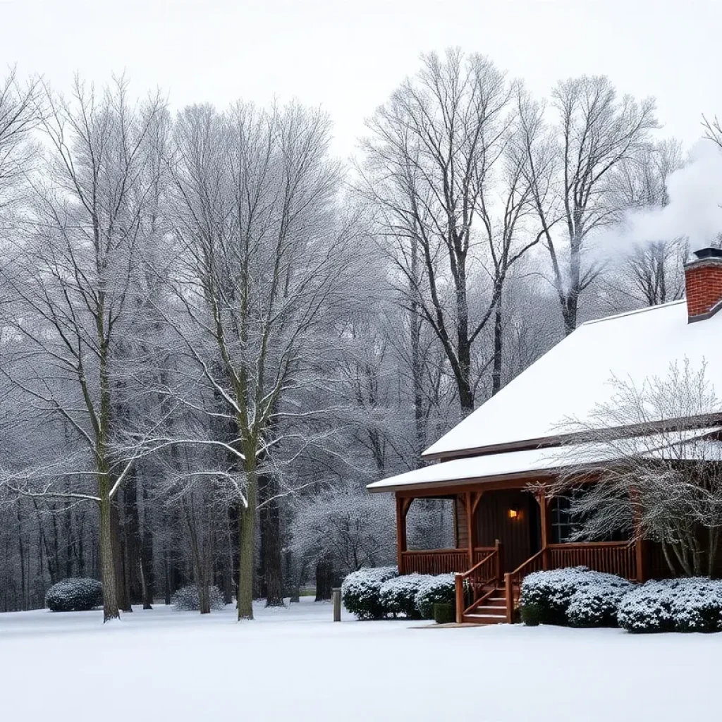 Snow-covered landscape in Upstate South Carolina during a winter storm.