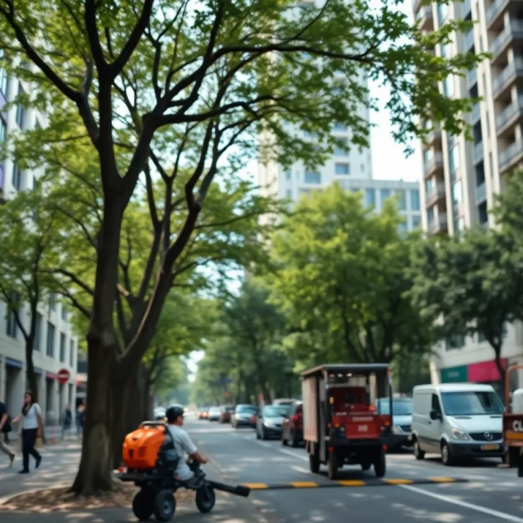 A quiet street in a city with greenery, symbolizing tranquility amidst potential noise pollution.