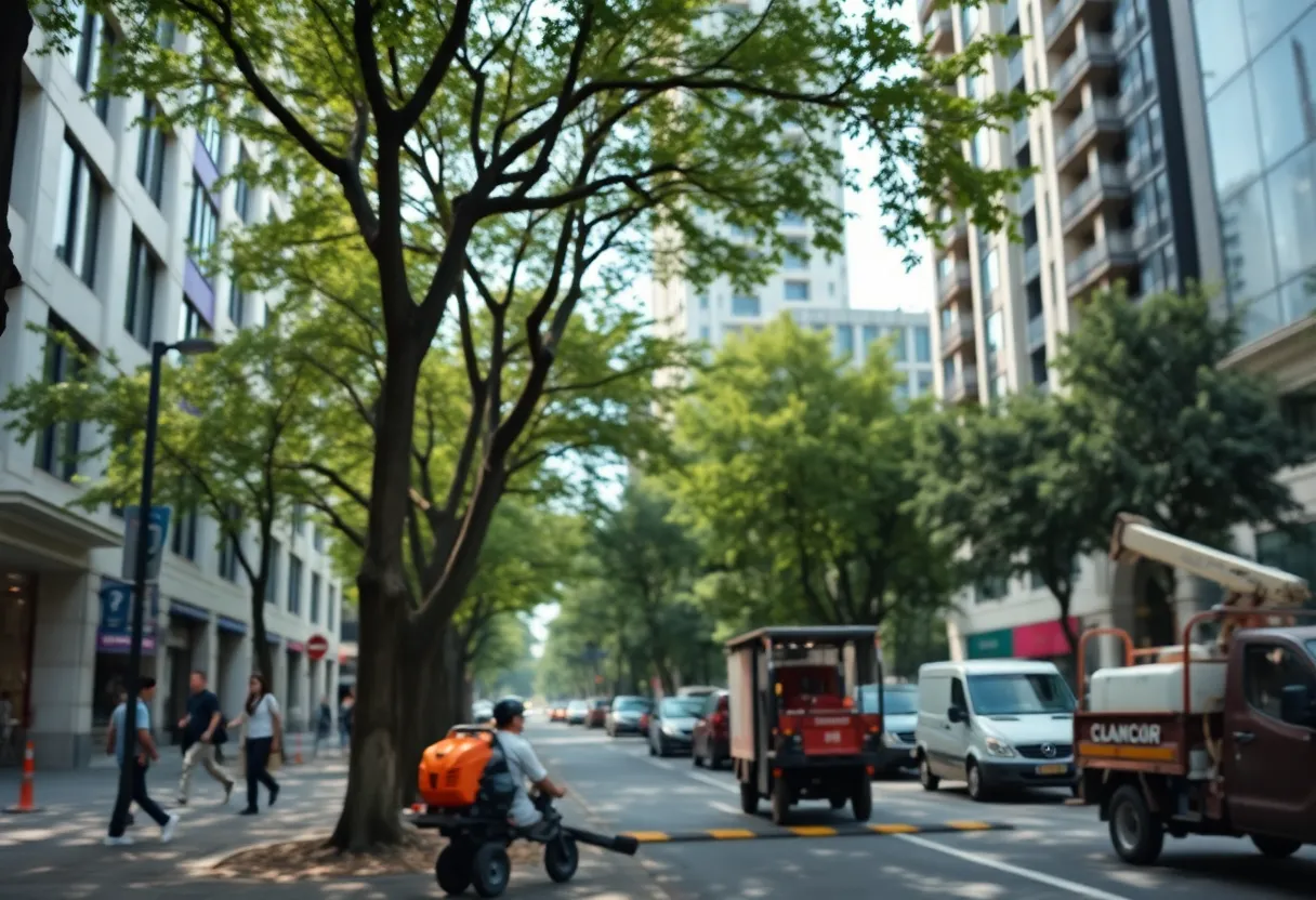 A quiet street in a city with greenery, symbolizing tranquility amidst potential noise pollution.