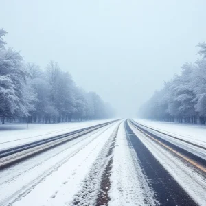 Snow-covered roads and trees in South Carolina during a winter storm