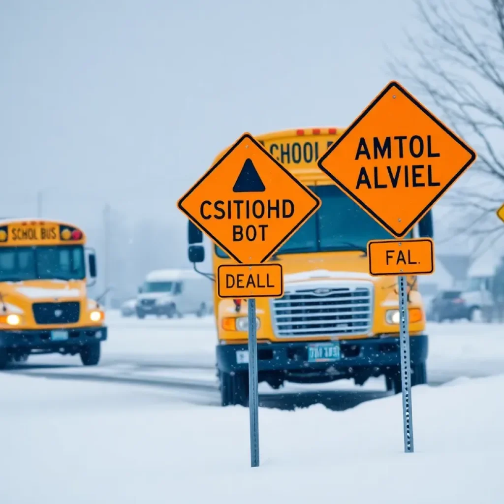 Snow-covered road with school bus and warning signs