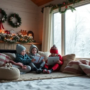 Children engaged in e-learning at home during winter weather.