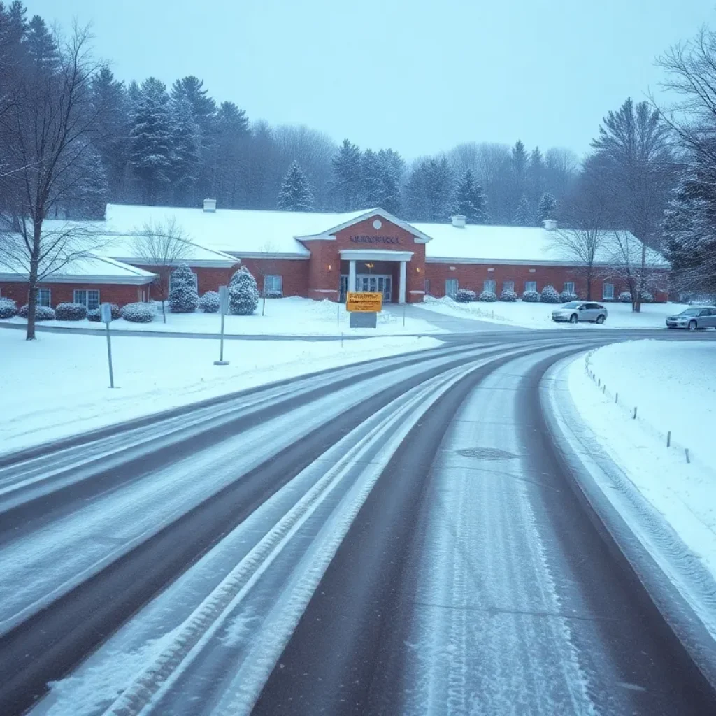 Snow-covered school indicating winter delays