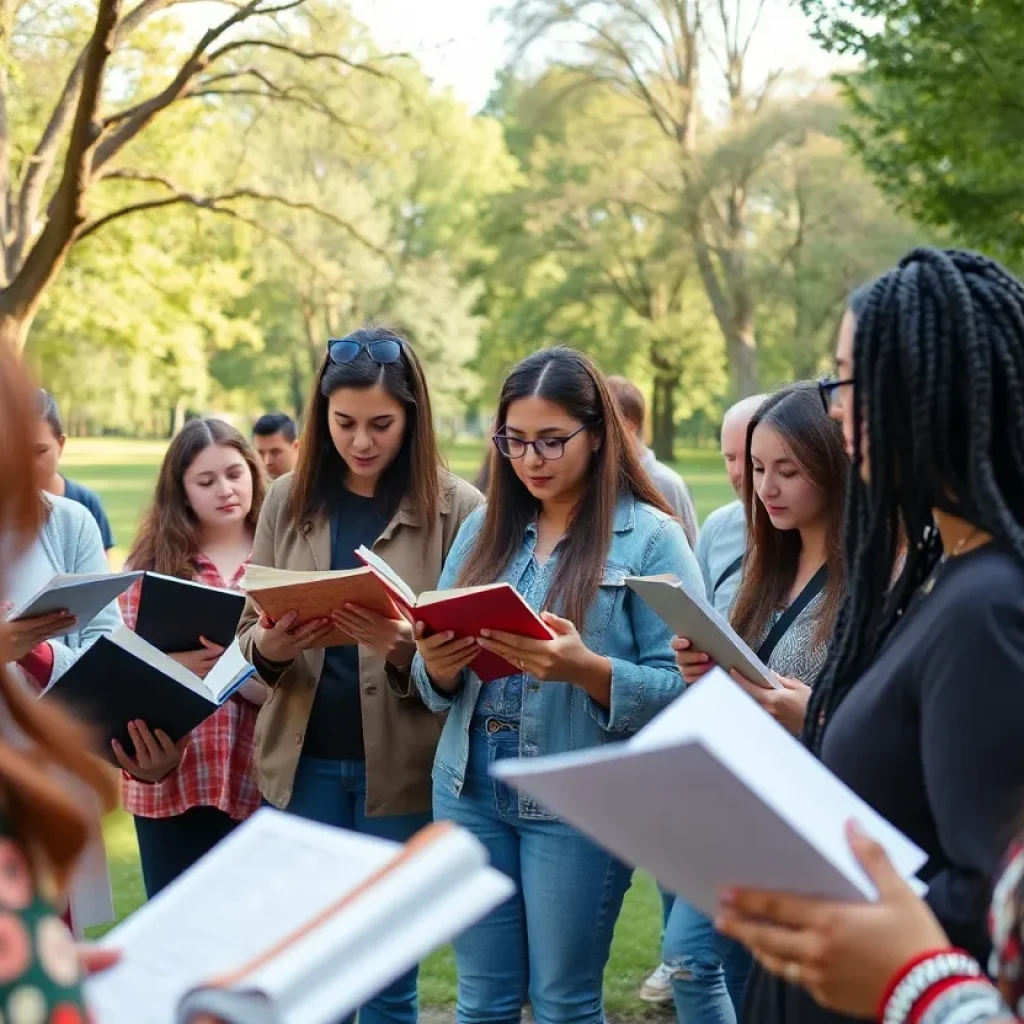 Diverse group of people participating in a poetry event outdoors