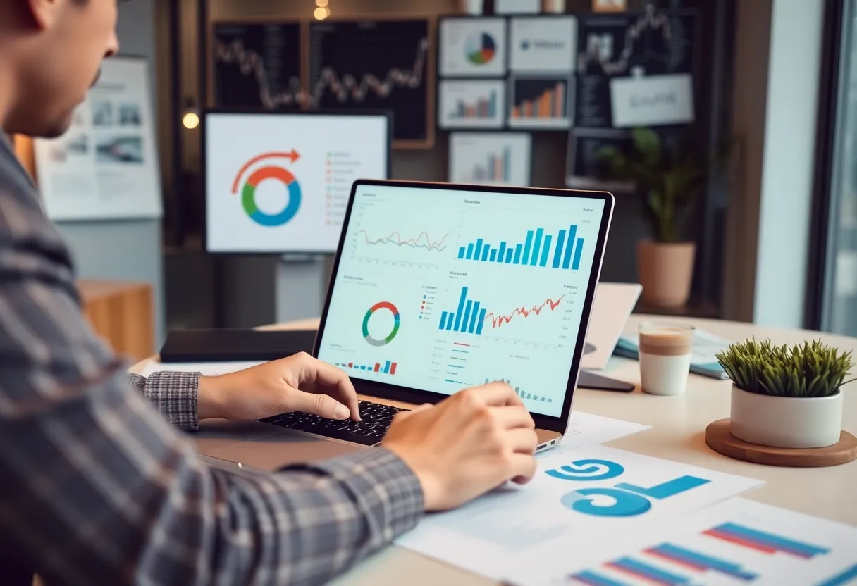 Person analyzing customer insights on a laptop in a modern workspace.