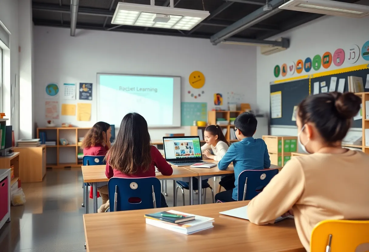 Classroom setting with students participating in eLearning