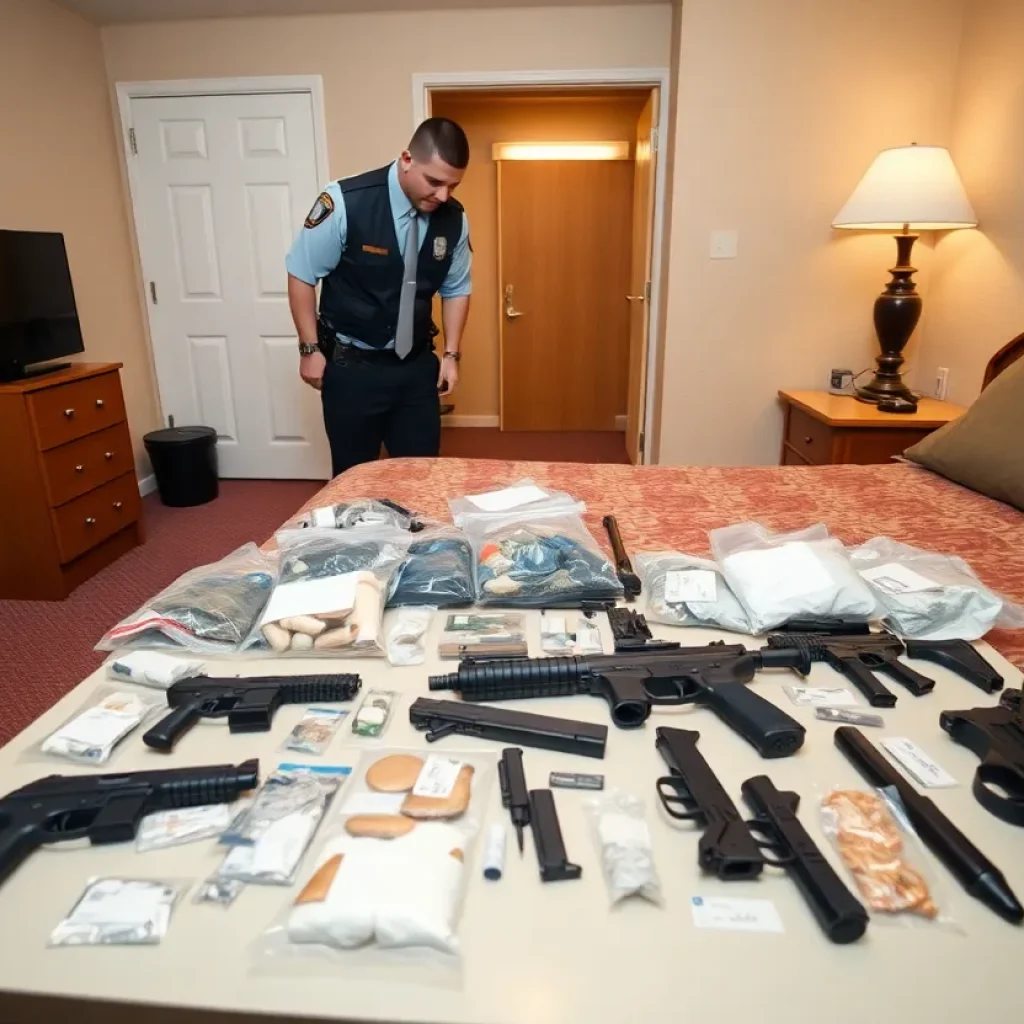 Law enforcement inspecting evidence in a motel room related to a drug and gun seizure.