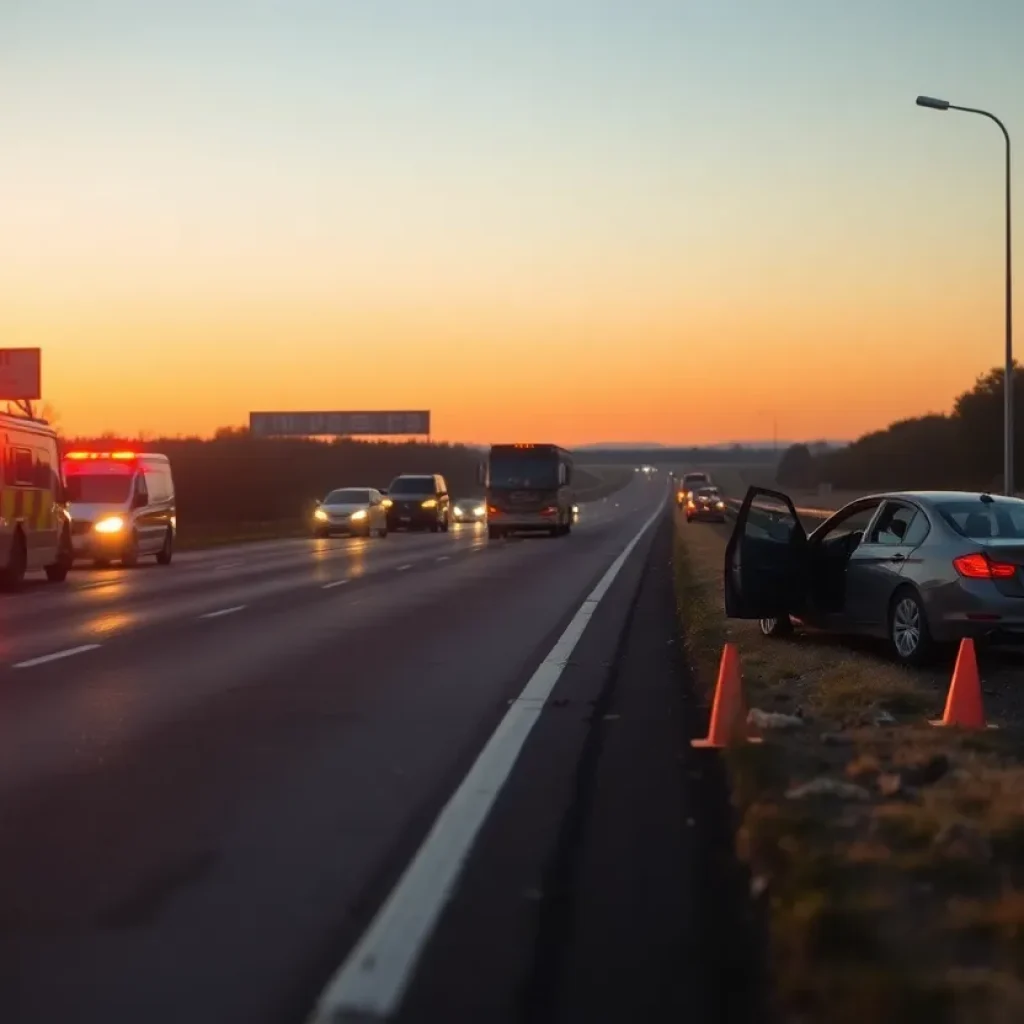 Scene of a tragic car accident on a highway with emergency response.