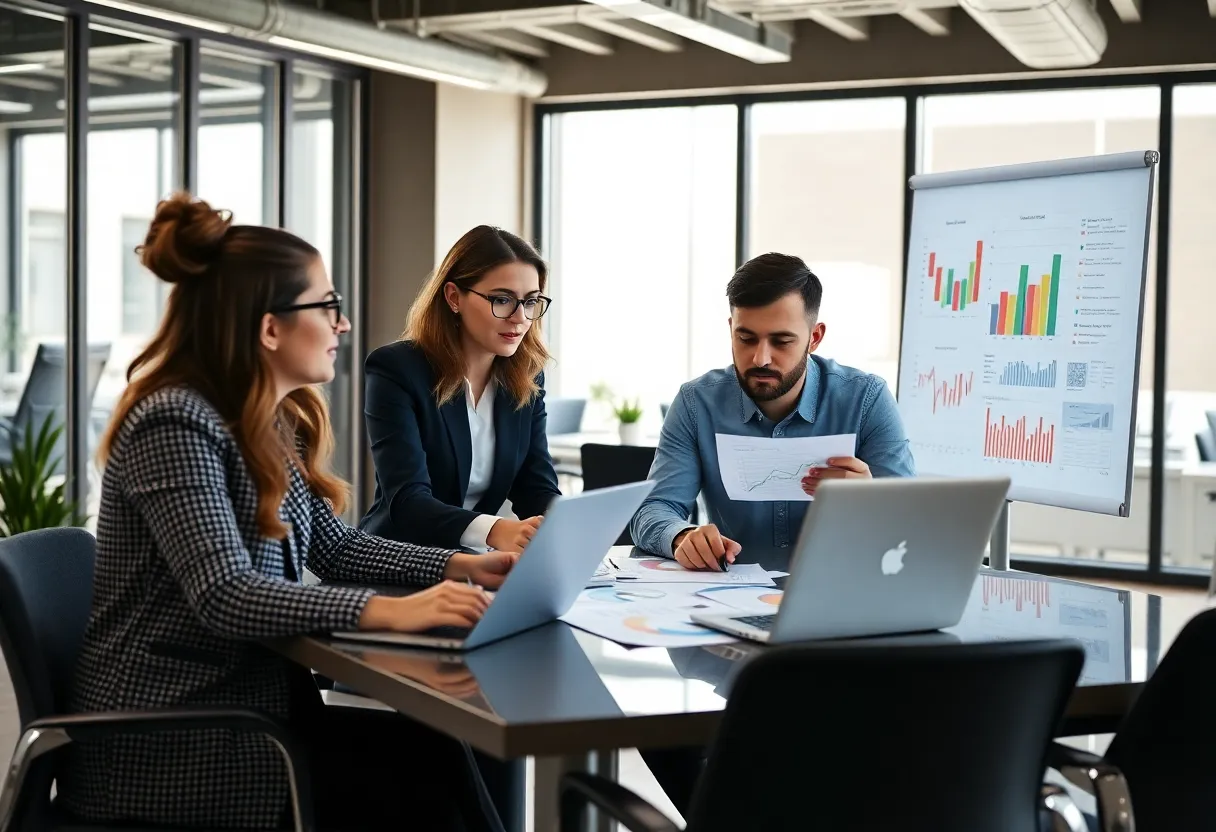 Business team discussing a digital marketing strategy in an office