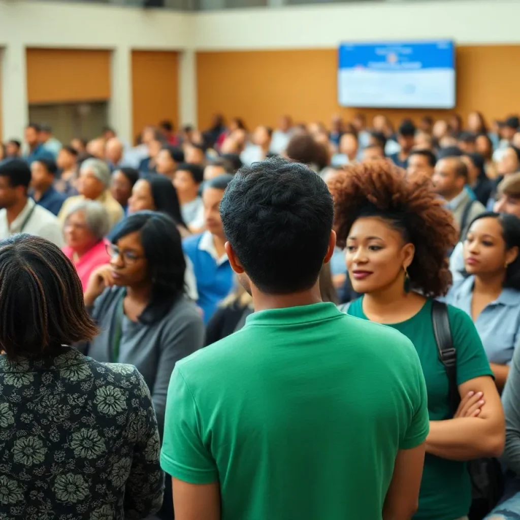 Community members engaging in a public forum about the new college president.