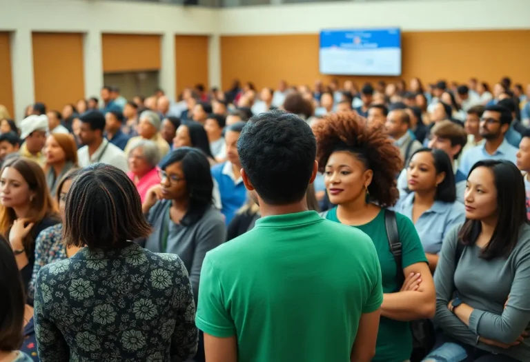 Community members engaging in a public forum about the new college president.