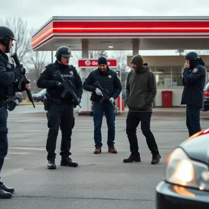 Police officers in a standoff with an armed suspect