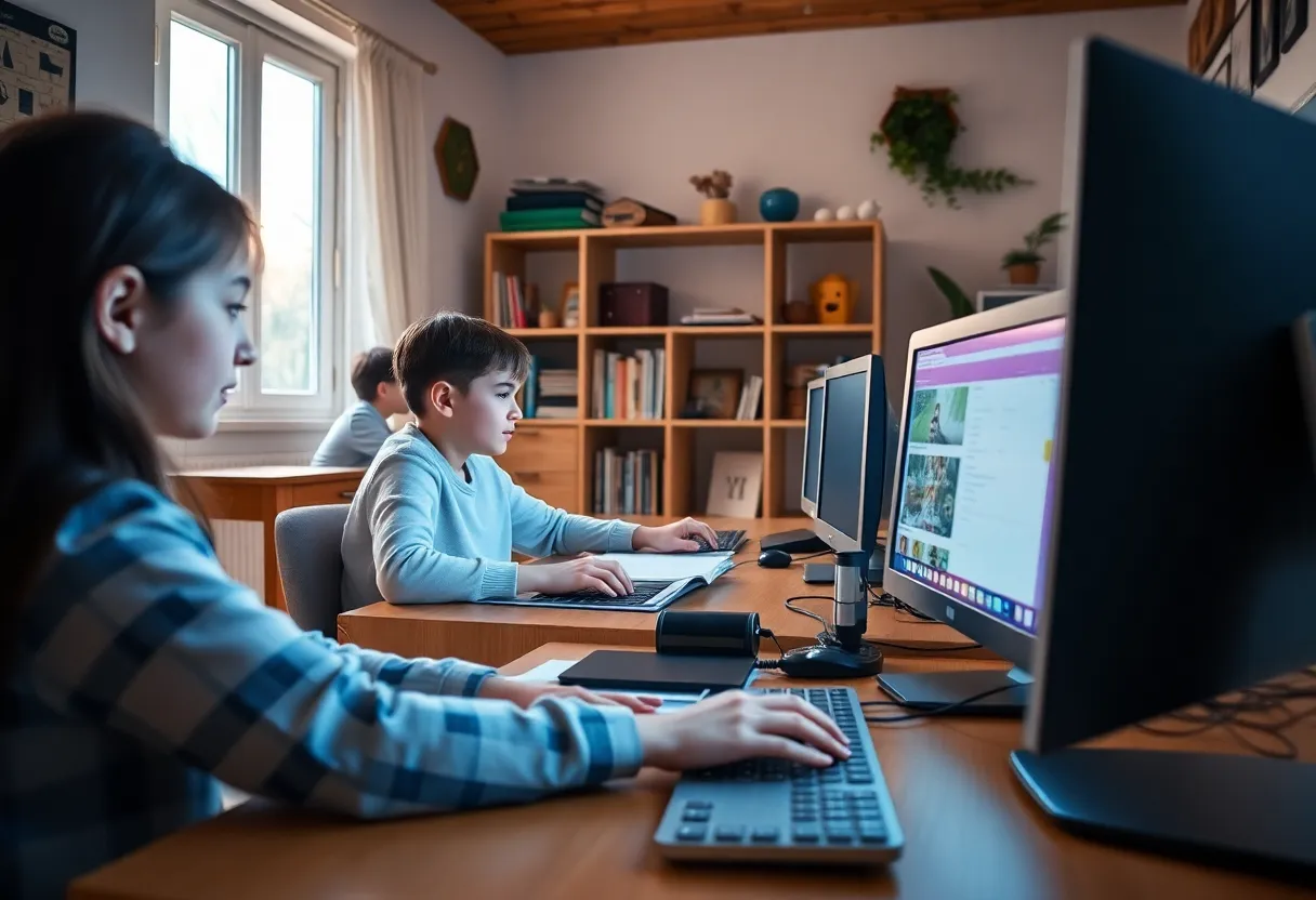 Students engaged in e-learning at home