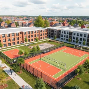 Architectural rendering of the Greer sports complex showing various sports facilities.