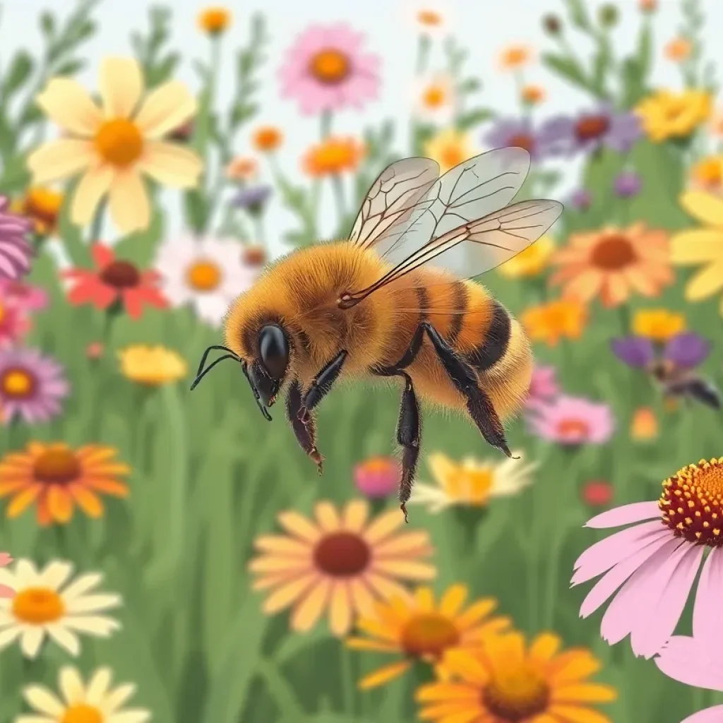 A honey bee pollinating flowers in a garden