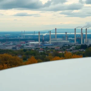 A skyline with smokestacks and smog representing industrial pollution.