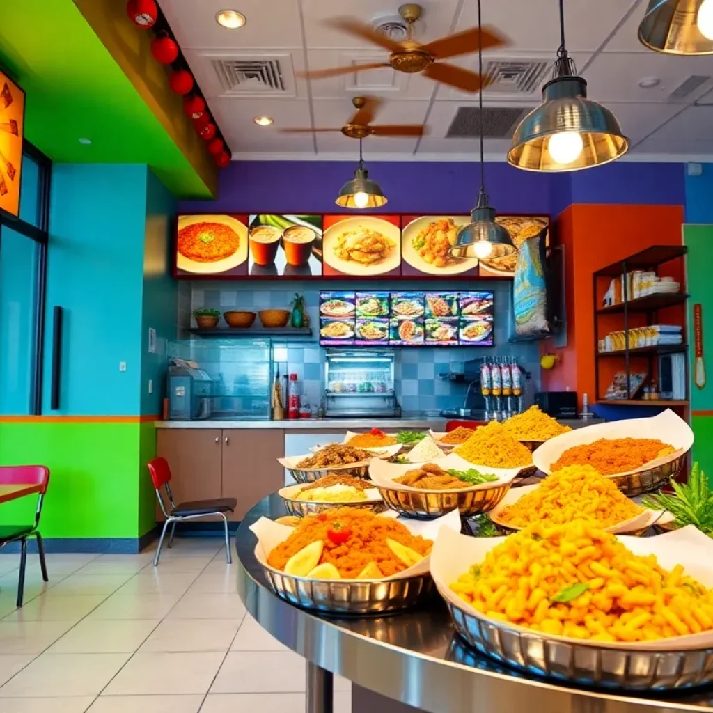 Interior view of Kolapasi Indian Canteen with Indian dishes on display