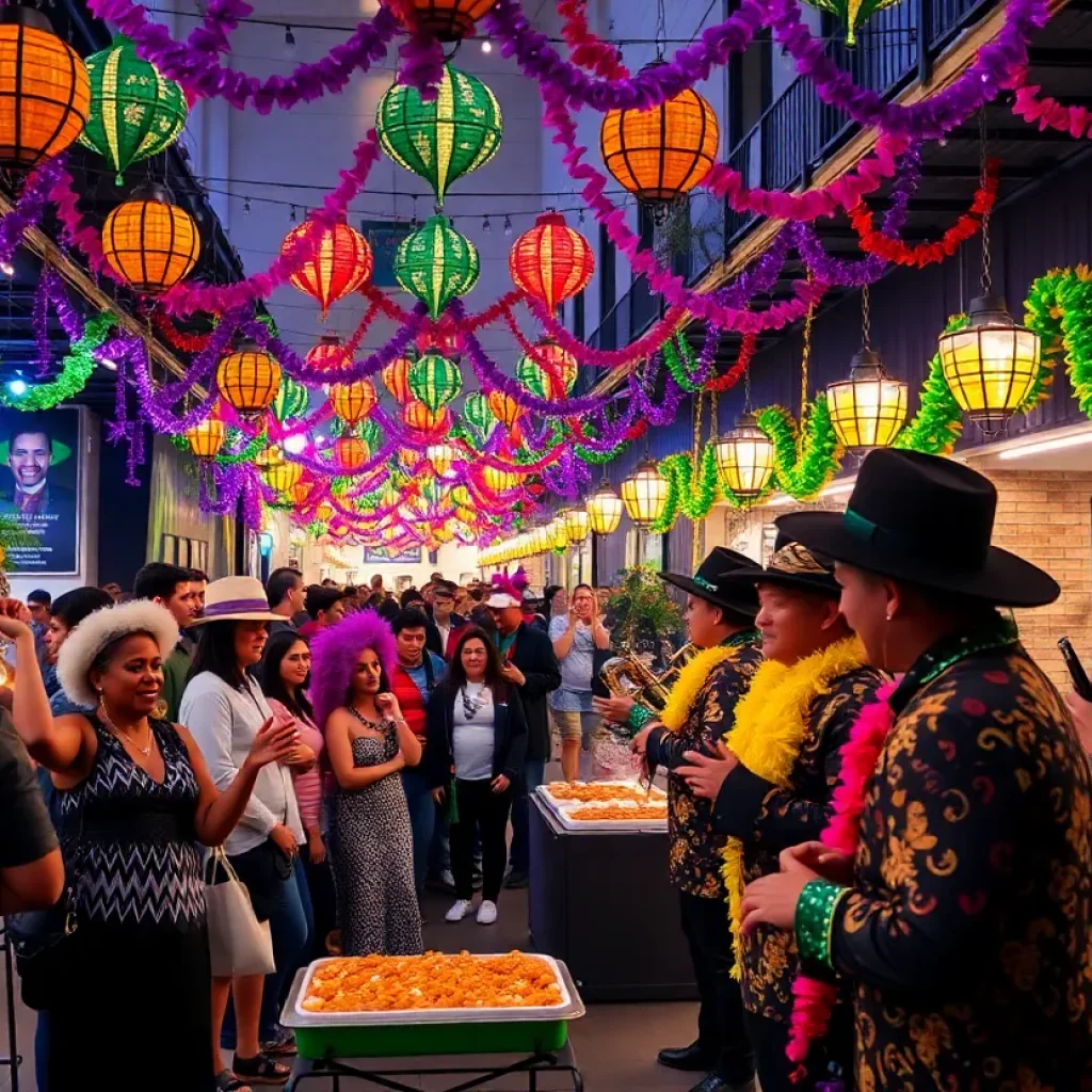 Guests enjoying the Mardi Gras Magic celebration with food and music.