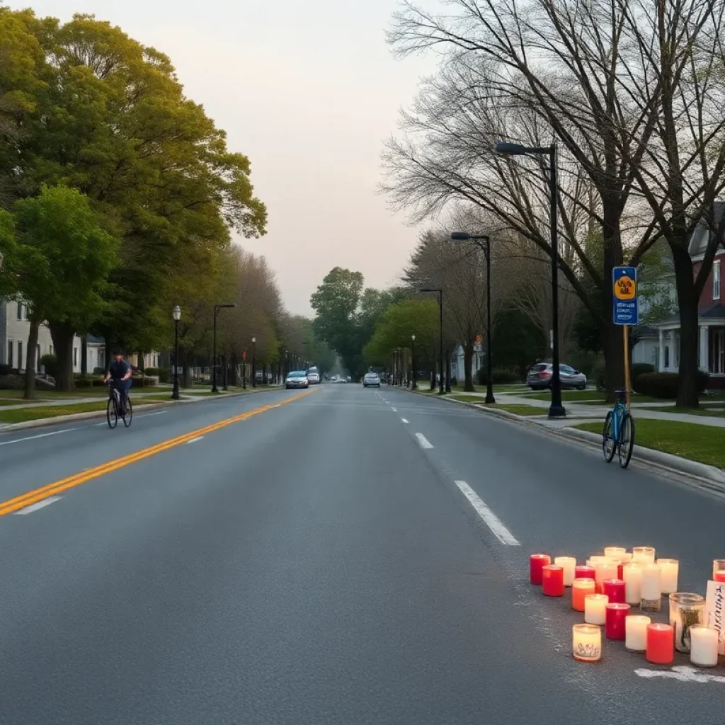 A street memorial with candles for a local bicyclist in Simpsonville