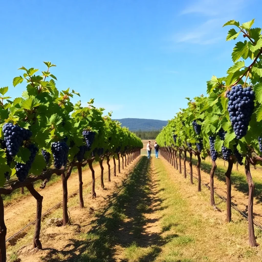 Rows of muscadine grape vines in Prosperity Farms