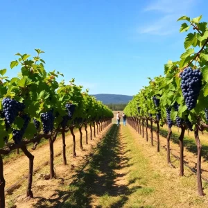 Rows of muscadine grape vines in Prosperity Farms