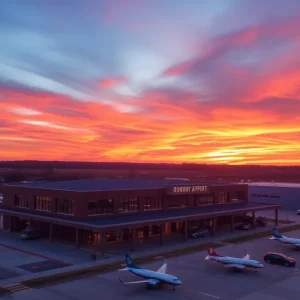 Aerial view of the Runway Cafe building at Greenville Downtown Airport